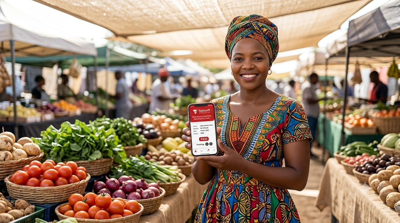 A Namibian market vendor holding her phone, showing an invoice marked as paid in Totisoft Invoice